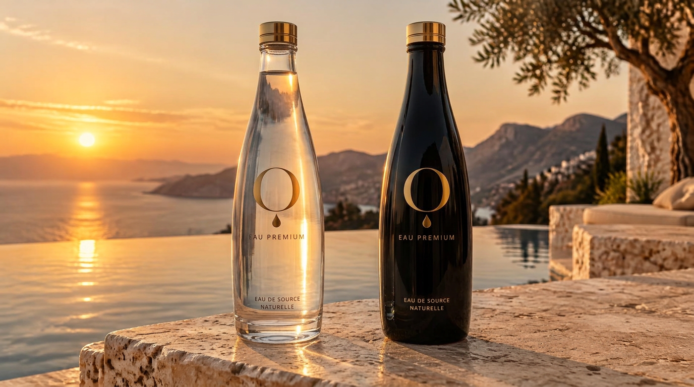 O Premium Still and Sparkling bottles by an infinity pool at sunset
